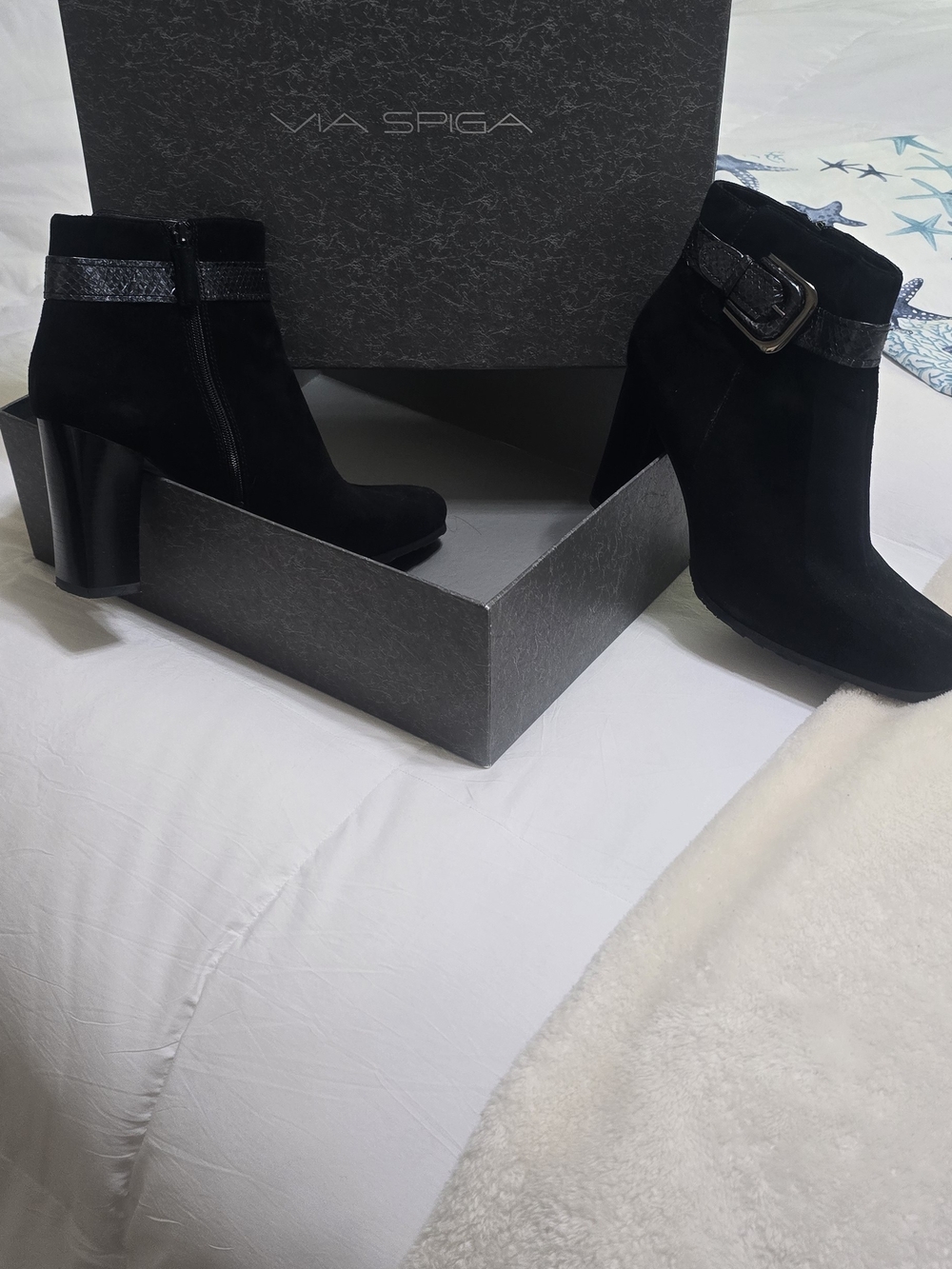 Via Spiga Black Suede Ankle Booties with Buckle Strap